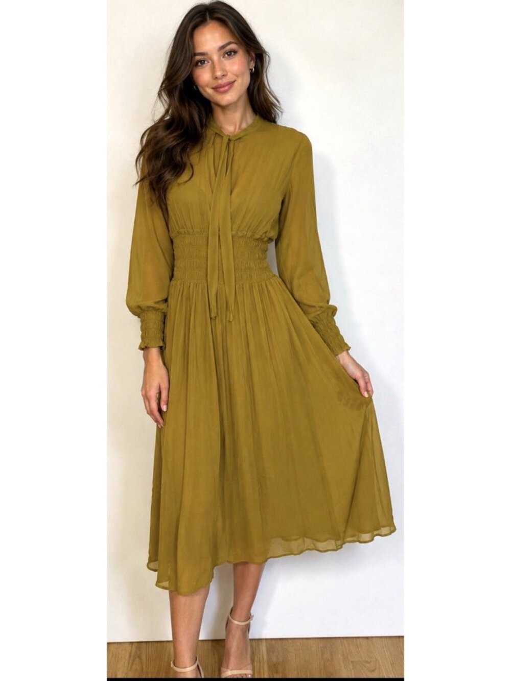 ZARA Mustard Yellow Chiffon Long Sleeve Boho Midi Dress